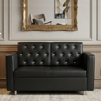 Picture of NF Royal Black Artificial Leather Sofa / Couch - with SS Leg & Crystal Diamond Tufting Sofa Set, 3 Seater Sofa, 2 Seater Sofa, 1 Seater Sofa for drawing rooms, office executive rooms, waiting areas, or study rooms.