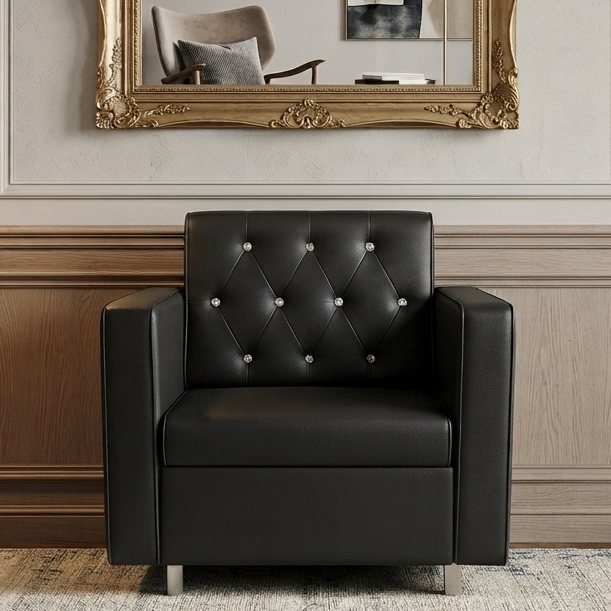 Picture of NF Royal Black Artificial Leather Sofa / Couch - with SS Leg & Crystal Diamond Tufting Sofa Set, 3 Seater Sofa, 2 Seater Sofa, 1 Seater Sofa for drawing rooms, office executive rooms, waiting areas, or study rooms.