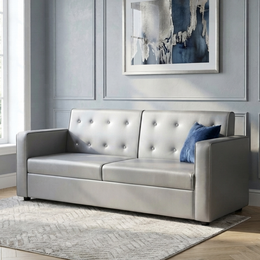 Picture of NF Tufted Button Design Grey Artificial  Leatherette Sofa Set, 3 Seater Sofa, 2 Seater Sofa, 1 Seater Sofa for drawing rooms, office executive rooms, waiting areas, or study rooms.