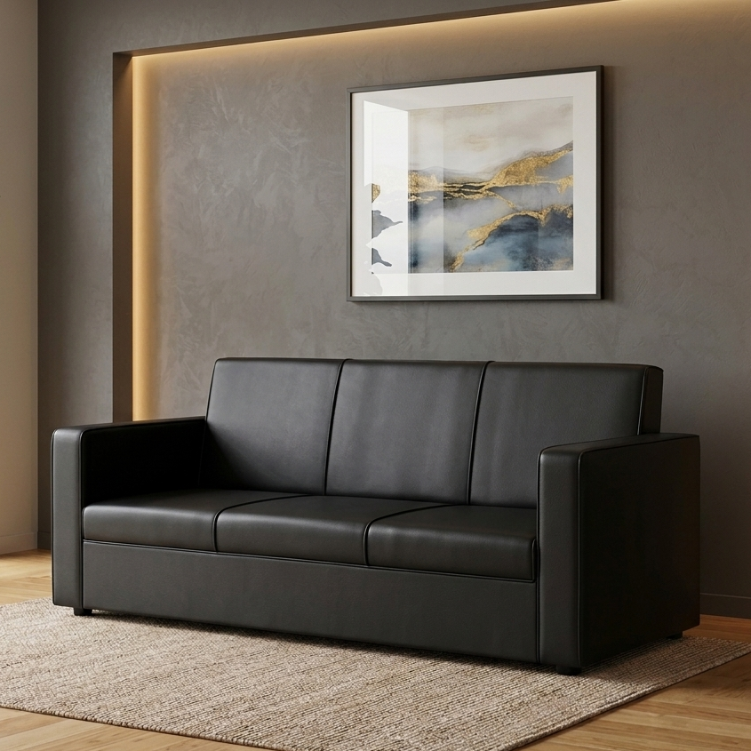Picture of NF Mash BLACK Premium Artificial Leather Setaer Sofa / Couch Office & Home Sofa Set, , Leather 3 Seater Sofa, Leatherette 2 Seater Sofa - Durable & Easy to Clean, PU Leather 1 Seater Sofa for Living Room and Office Use