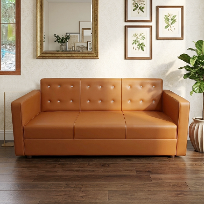 Picture of NF Camel Brown Premium Artificial Leather 3, 2, 1 Sofa / Couch With Crystal Diamond Tufting Office & Home Sofa Set, , Leather 3 Seater Sofa, Leatherette 2 Seater Sofa - Durable & Easy to Clean, PU Leather 1 Seater Sofa for Living Room and Office Use