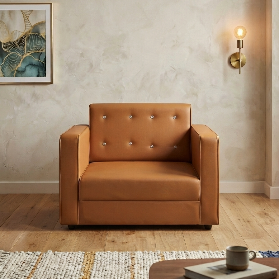 Picture of NF Camel Brown Premium Artificial Leather 3, 2, 1 Sofa / Couch With Crystal Diamond Tufting Office & Home Sofa Set, , Leather 3 Seater Sofa, Leatherette 2 Seater Sofa - Durable & Easy to Clean, PU Leather 1 Seater Sofa for Living Room and Office Use