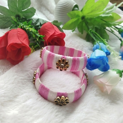 Picture of Handmade Thread-Wrapped Bangle with Golden Flower Design (Pink-White Stripe)-28 cm