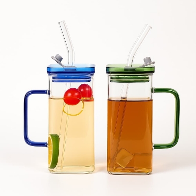 Picture of High Quality Beautiful Transparent Drinking Glass With Straw Stylish Milk & Juice Cup with Color Cover - Multicolor