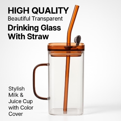 Picture of High Quality Beautiful Transparent Drinking Glass With Straw Stylish Milk & Juice Cup with Color Cover - Multicolor