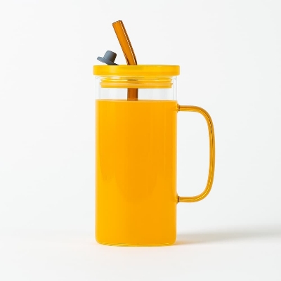 Picture of High Quality Beautiful Transparent Drinking Glass With Straw Stylish Milk & Juice Cup with Color Cover - Multicolor