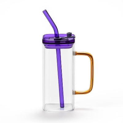 Picture of High Quality Beautiful Transparent Drinking Glass With Straw Stylish Milk & Juice Cup with Color Cover - Multicolor