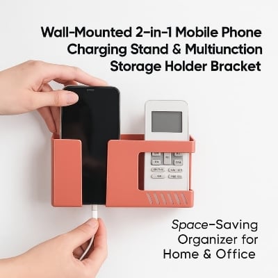 Picture of Wall-Mounted 2-in-1 Mobile Phone Charging Stand & Multifunction Storage Holder Bracket – Space-Saving Organizer for Home & Office 1pcs - Multicolor