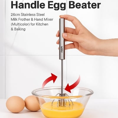 Picture of Semi-Automatic Handle Egg Beater – 26cm Stainless Steel Milk Frother & Hand Mixer (Multicolor) for Kitchen & Baking - Multicolor