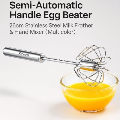 Picture of Semi-Automatic Handle Egg Beater – 26cm Stainless Steel Milk Frother & Hand Mixer (Multicolor) for Kitchen & Baking - Multicolor