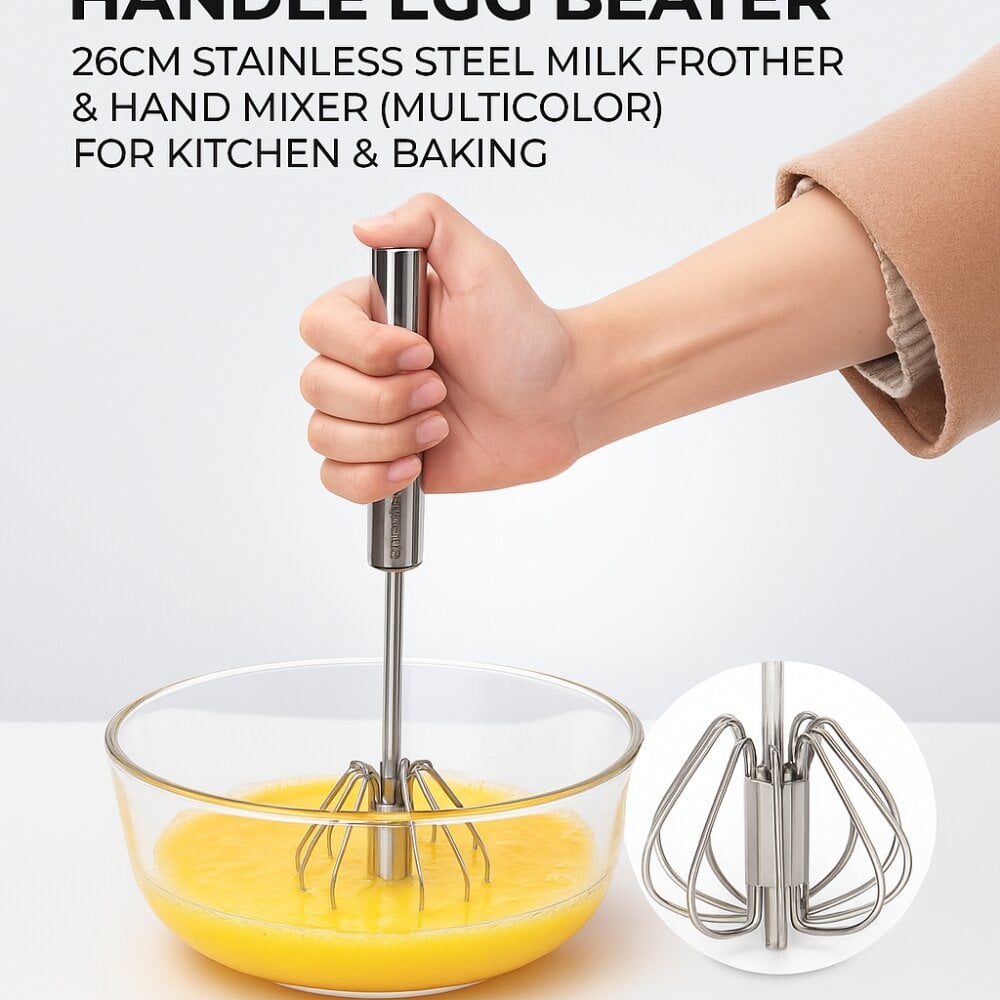 Picture of Semi-Automatic Handle Egg Beater – 26cm Stainless Steel Milk Frother & Hand Mixer (Multicolor) for Kitchen & Baking - Multicolor