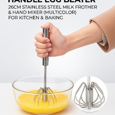 Picture of Semi-Automatic Handle Egg Beater – 26cm Stainless Steel Milk Frother & Hand Mixer (Multicolor) for Kitchen & Baking - Multicolor