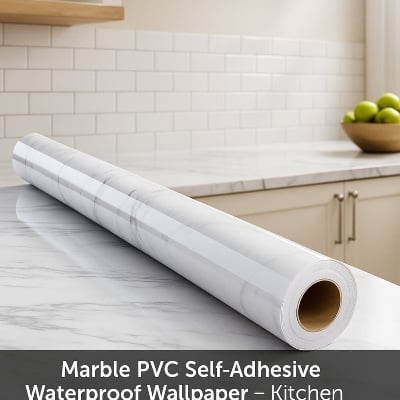 Picture of Elegant Marble Pattern Self-Adhesive PVC Wall Sticker for Kitchen Cabinets and Home Decor - Waterproof, White - (5 Meter)