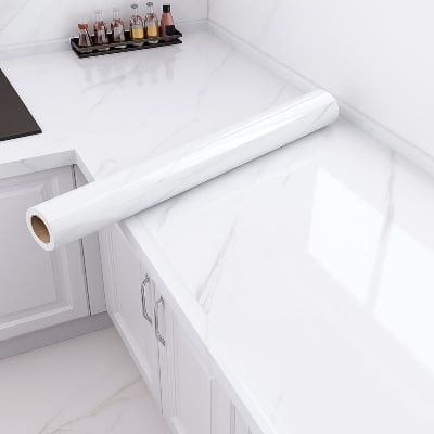 Picture of Elegant Marble Pattern Self-Adhesive PVC Wall Sticker for Kitchen Cabinets and Home Decor - Waterproof, White - (5 Meter)