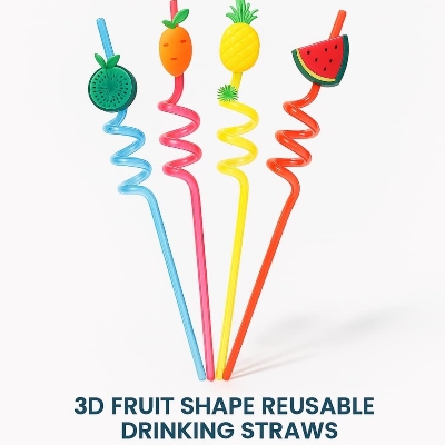 Picture of 3D Fruit Shape Reusable Drinking Straws – Cartoon Lime, Lemon, Pineapple, Watermelon Spiral Juice Pipe (6pcs set) 