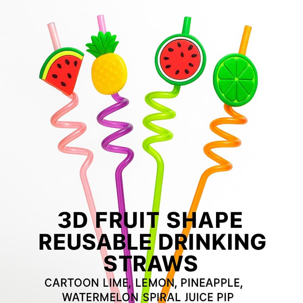 Picture of 3D Fruit Shape Reusable Drinking Straws – Cartoon Lime, Lemon, Pineapple, Watermelon Spiral Juice Pipe (6pcs set) 