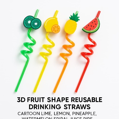 Picture of 3D Fruit Shape Reusable Drinking Straws – Cartoon Lime, Lemon, Pineapple, Watermelon Spiral Juice Pipe (6pcs set) 