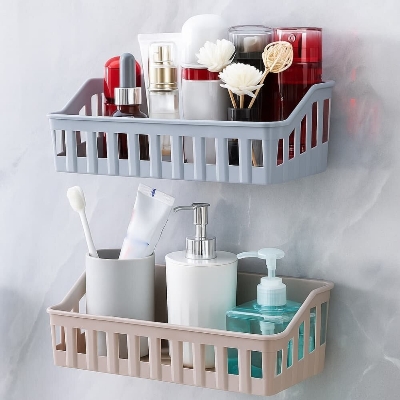 Picture of Wall Mounted Bathroom & Kitchen Storage Rack – Punch Free Shelf Organizer Basket - Multicolor