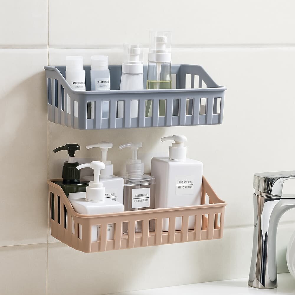 Picture of Wall Mounted Bathroom & Kitchen Storage Rack – Punch Free Shelf Organizer Basket - Multicolor
