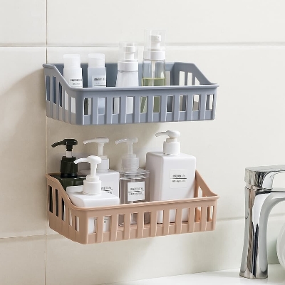 Picture of Wall Mounted Bathroom & Kitchen Storage Rack – Punch Free Shelf Organizer Basket - Multicolor