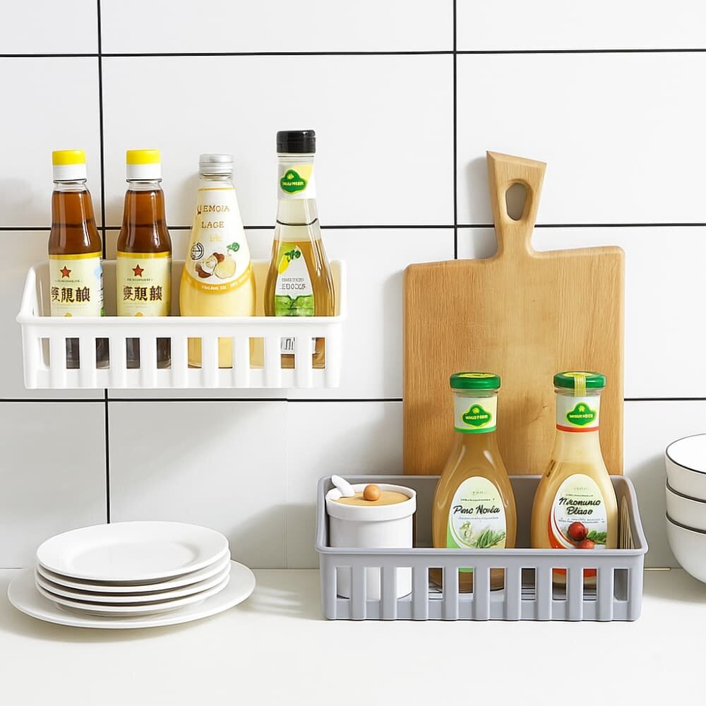 Picture of Wall Mounted Bathroom & Kitchen Storage Rack – Punch Free Shelf Organizer Basket - Multicolor