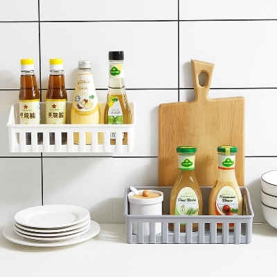 Picture of Wall Mounted Bathroom & Kitchen Storage Rack – Punch Free Shelf Organizer Basket - Multicolor