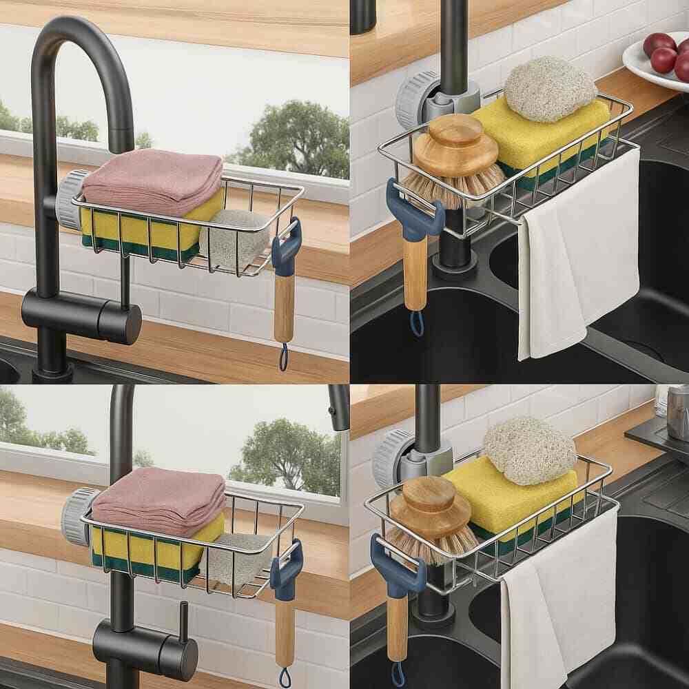 Picture of Stainless Steel Faucet Sink Rack – Punch-Free Kitchen & Bathroom Storage Organizer - Multicolor