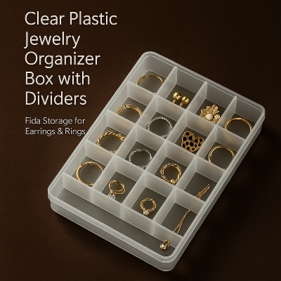 Picture of Clear Plastic Jewelry Organizer Box with Dividers – Fida Storage for Earrings & Rings - Multicolor
