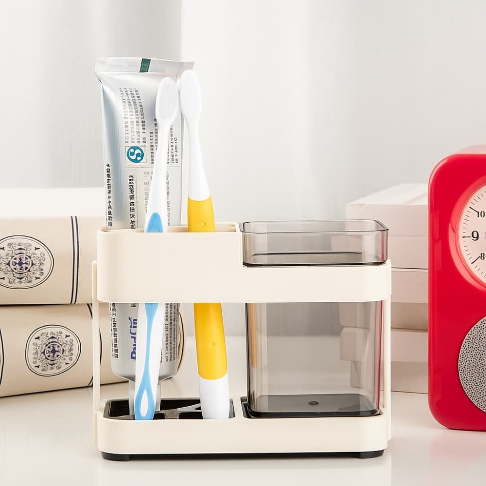 Picture of Toothbrush Box Holder with 1 Cup – Removable Bathroom Storage Organizer for Toilet & Sink - Multicolor