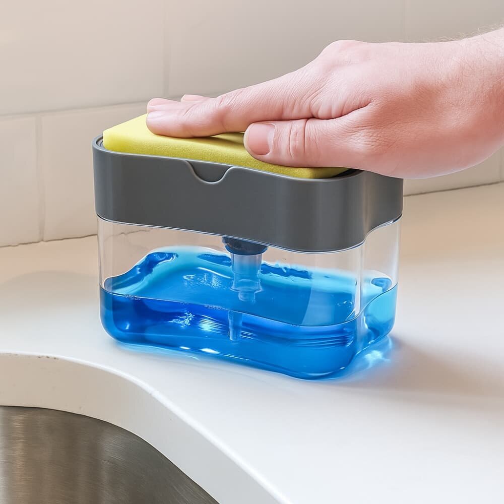 Picture of 2-in-1 Liquid Soap Dispenser with Sponge Holder – Creative Pump Caddy for Kitchen Cleaning - Multicolor