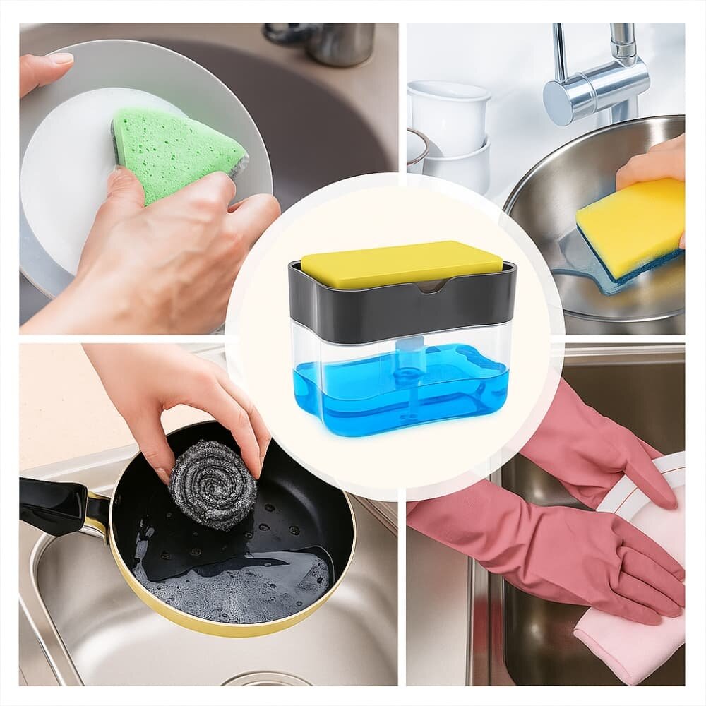 Picture of 2-in-1 Liquid Soap Dispenser with Sponge Holder – Creative Pump Caddy for Kitchen Cleaning - Multicolor