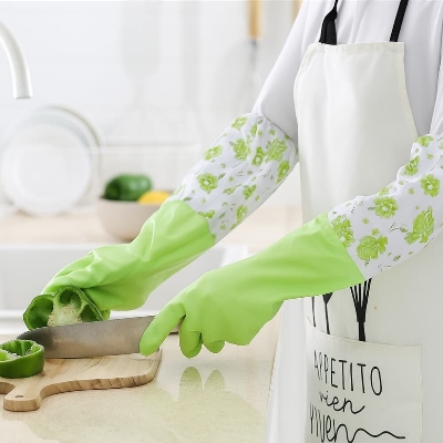 Picture of Long Rubber Kitchen Washing Gloves with Drawstring – Household Cleaning Gloves - Multicolor