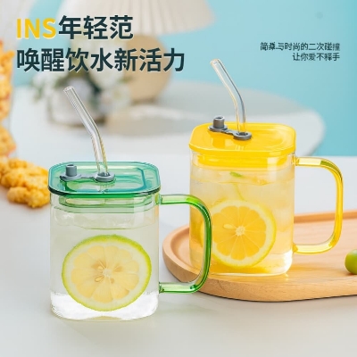 Picture of Premium 490ml Borosilicate Glass Cup with Lid & Straw - Multicolor