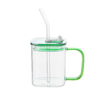Picture of Premium 490ml Borosilicate Glass Cup with Lid & Straw - Multicolor