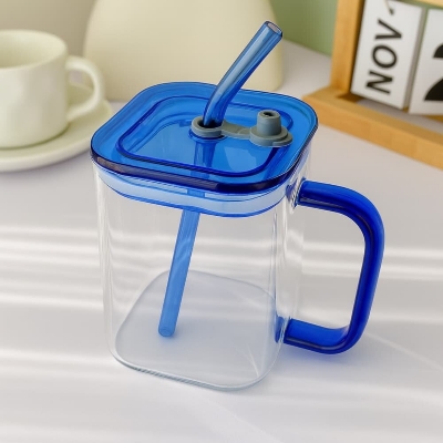 Picture of Premium 490ml Borosilicate Glass Cup with Lid & Straw - Multicolor