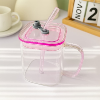 Picture of Premium 490ml Borosilicate Glass Cup with Lid & Straw - Multicolor