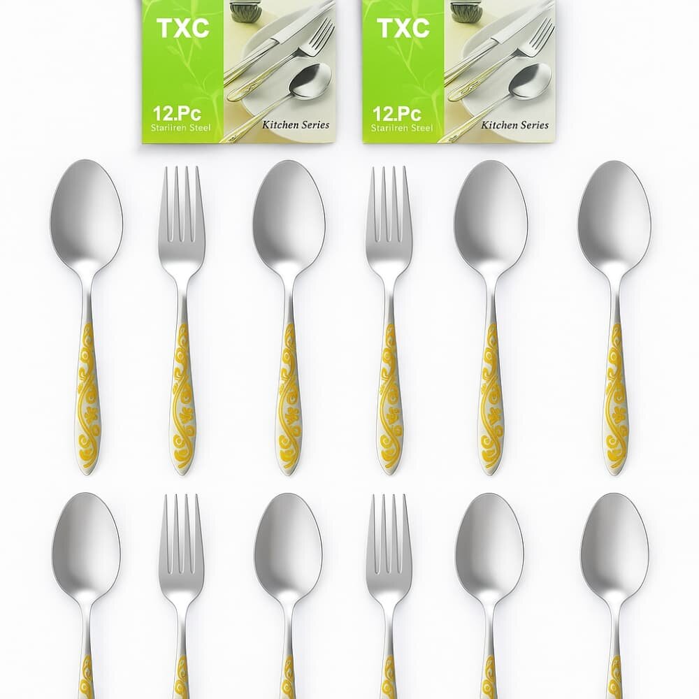 Picture of TXC Stainless Steel Spoon & Fork Set – Gold Design 12pcs combo