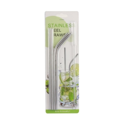 Picture of Food Grade Stainless Steel Reusable Drinking Straws 4 Pcs Set with Cleaning Brush - Multicolor