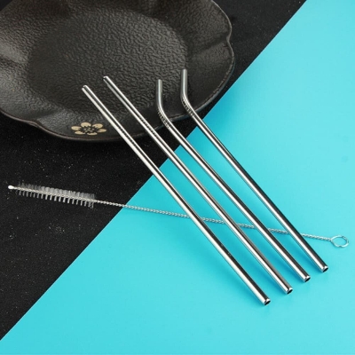 Picture of Food Grade Stainless Steel Reusable Drinking Straws 4 Pcs Set with Cleaning Brush - Multicolor