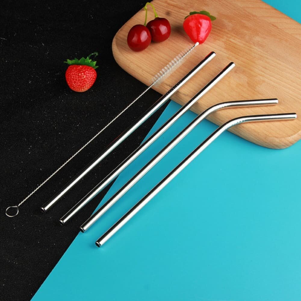 Picture of Food Grade Stainless Steel Reusable Drinking Straws 4 Pcs Set with Cleaning Brush - Multicolor