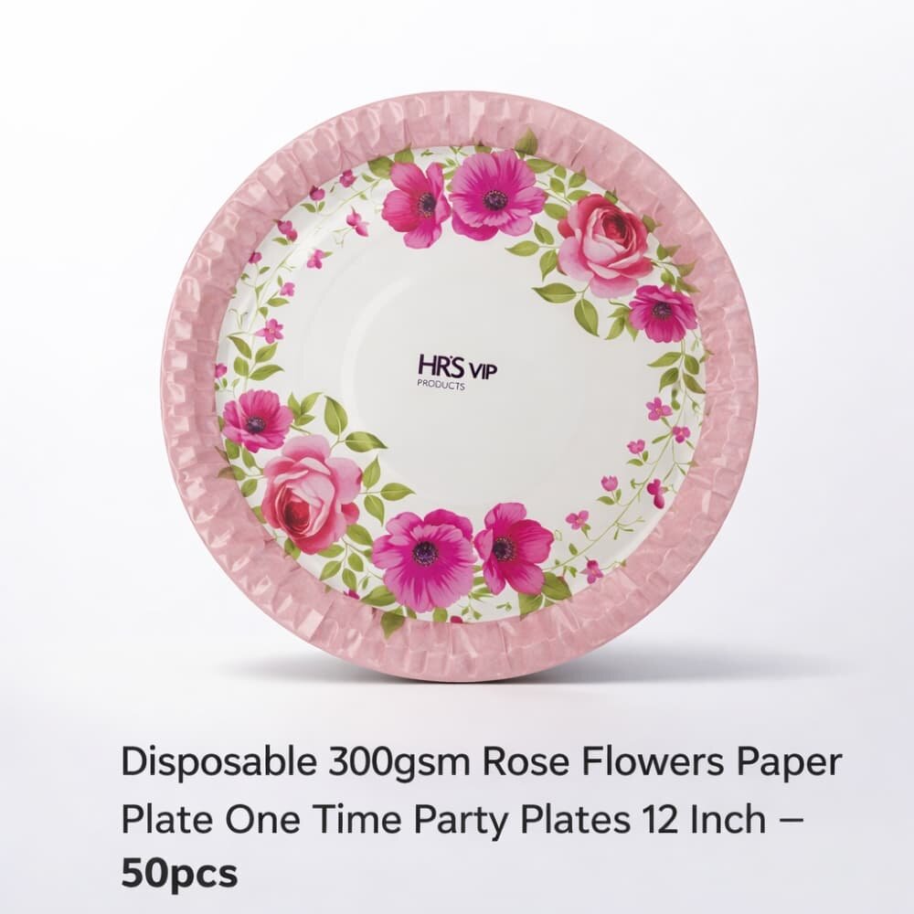 Picture of Disposable 300gsm Rose Flowers Paper Plate One Time Party Plates 12 Inch – 50pcs 