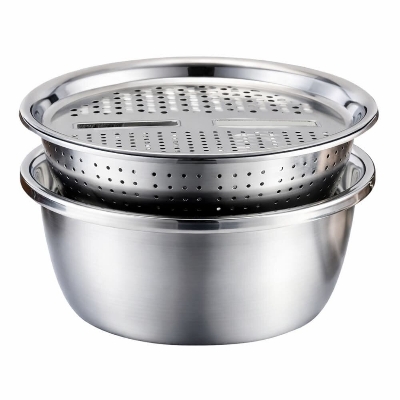 Picture of Stainless Steel 3-in-1 Vegetable Grater Basin – Multi Functional Drain & Slicer Bowl (26cm) - Multicolor