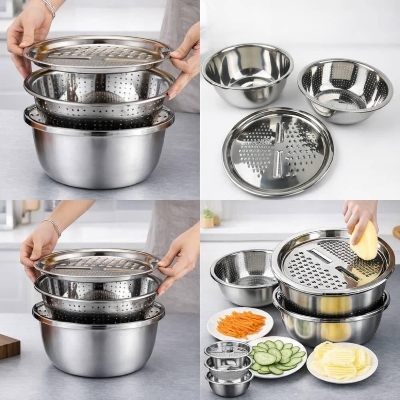 Picture of Stainless Steel 3-in-1 Vegetable Grater Basin – Multi Functional Drain & Slicer Bowl (26cm) - Multicolor