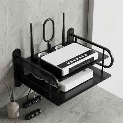 Picture of Z-Color Black Metal WiFi Router & TV Box Wall Shelf with Cable Organizer - Multicolor