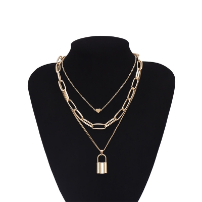 Picture of European Style Multi Layer Heart Shape Charm Necklace Gold Plated Chain Lock Pendant Necklace