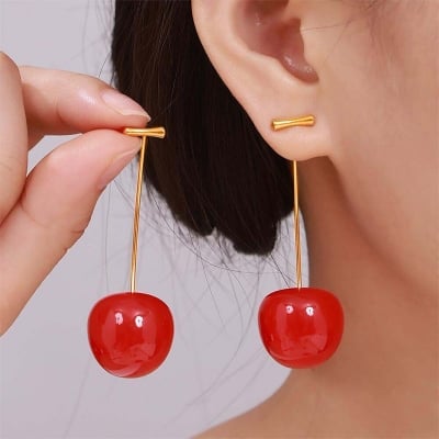 Picture of Chic New Stainless Steel Tarnish Free Resin Cherry Stud Earrings Long Fruit Earrings for Women