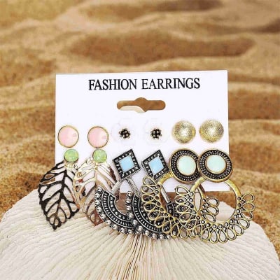 Picture of 6 Pair Women Fashion Pearl Crystal Jewelry Tassel Drop Earrings Hoop Earrings Set Mixed Designs Leopard Earrings Jewelry