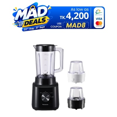 Picture of Panasonic 450W blender, Curved Stainless Steel blade, Smooth Blending, 1.45L Jug, 2 Dry mill for Grinding, safety lock  (MX-CP3121)