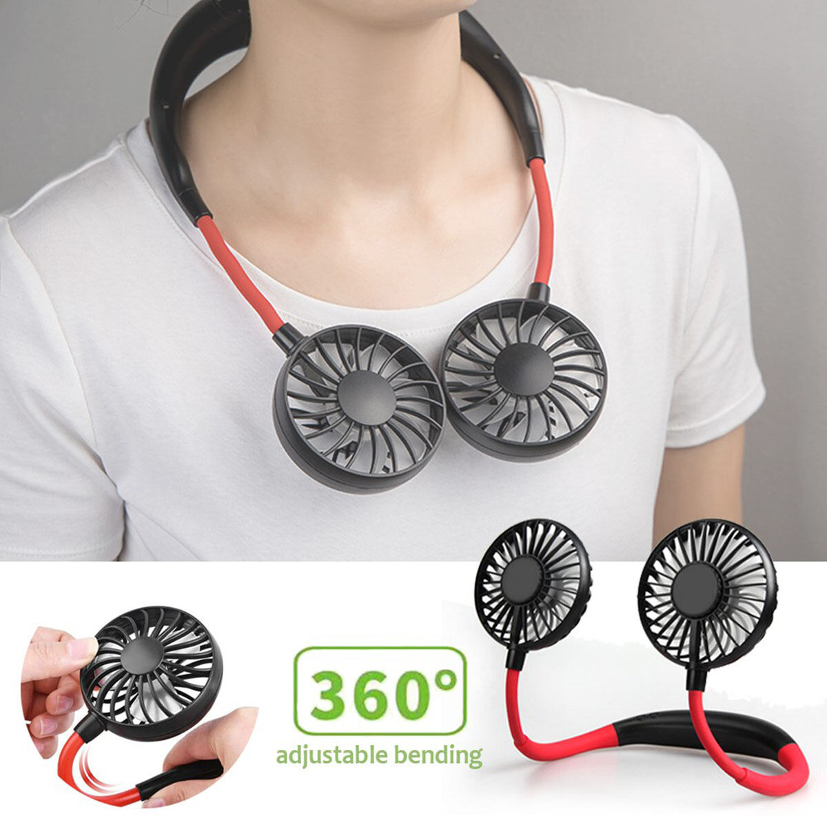 Picture of USB Rechargeable Wearable Portable Hand Free Neckband Fan Personal Mini Neck Double Fans 3 Speed Adjustable for Ourdoor - Black