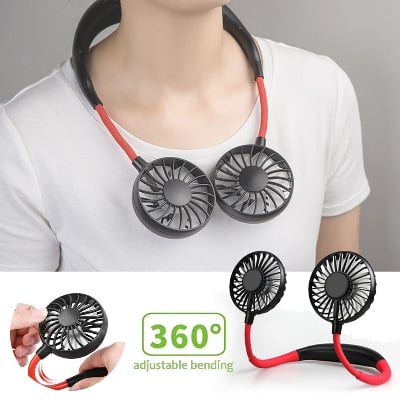 Picture of USB Rechargeable Wearable Portable Hand Free Neckband Fan Personal Mini Neck Double Fans 3 Speed Adjustable for Ourdoor - Black